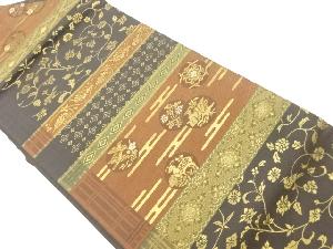 横段に丸文・花鳥・菱模様織出し名古屋帯